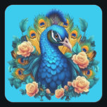 Peacock With Peach Roses Square Sticker<br><div class="desc">Behold the majestic beauty of our stunning artwork featuring a resplendent peacock adorned with a cascade of peach pink roses. Vibrant hues and intricate details bring this magnificent creature to life, with its iridescent plumage shimmering in hues of blue, green, and gold, while delicate roses add a touch of softness...</div>