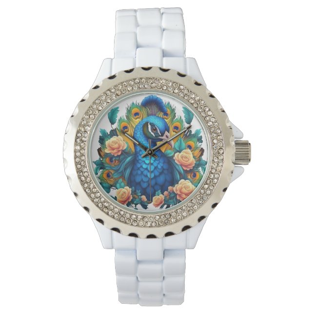 Peacock With Peach Roses Watch (Front)