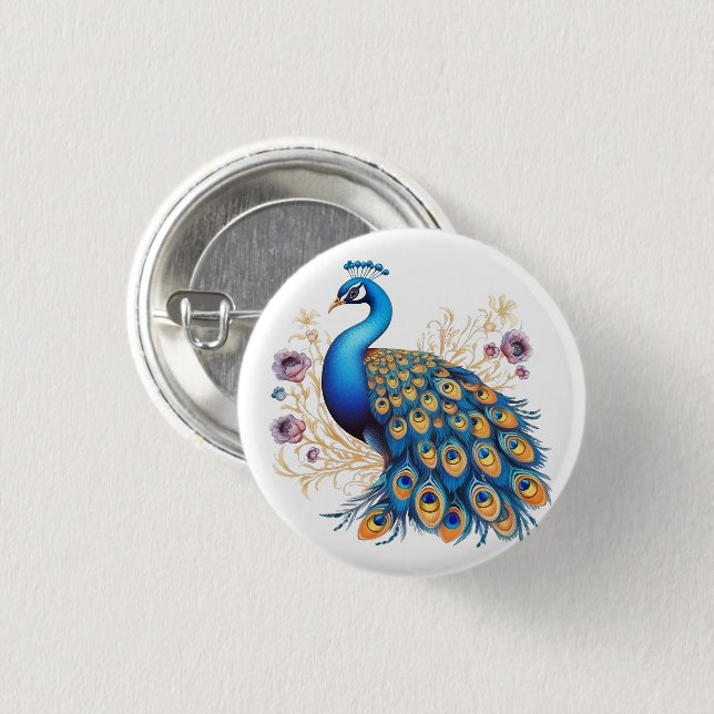 Peacock With Purple Flowers 1 Inch Round Button (Front & Back)