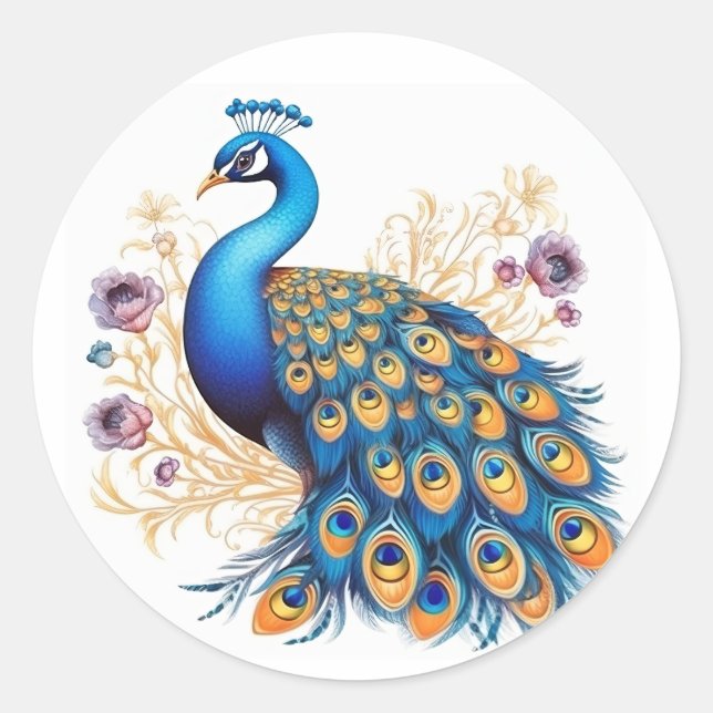 Peacock With Purple Flowers Classic Round Sticker (Front)
