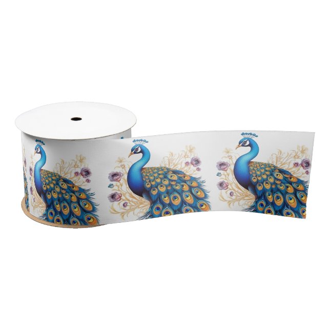 Peacock With Purple Flowers Satin Ribbon (Spool)