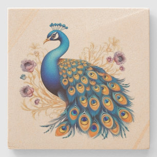 Peacock With Purple Flowers Stone Coaster