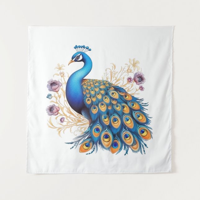 Peacock With Purple Flowers Tapestry (Front)