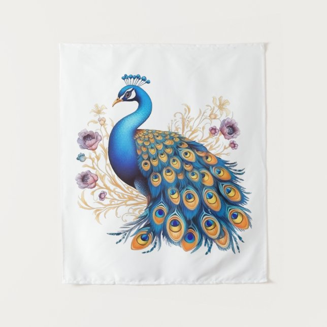 Peacock With Purple Flowers Tapestry (Front)