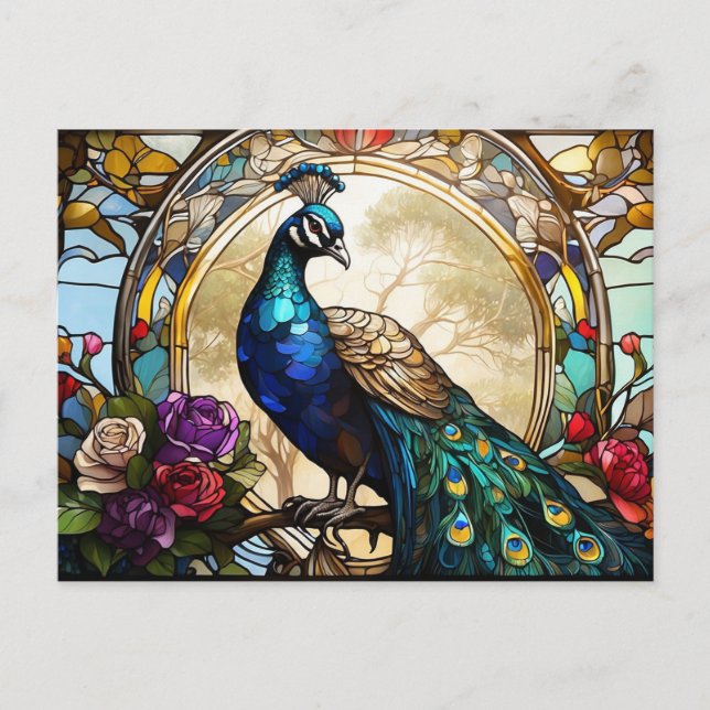 Peacock with Roses Abstract Illustration  Postcard (Front)