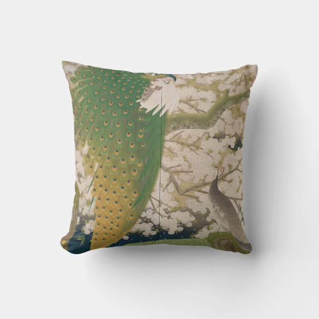 Peacocks and Cherry Tree (1925) Throw Pillow (Front)
