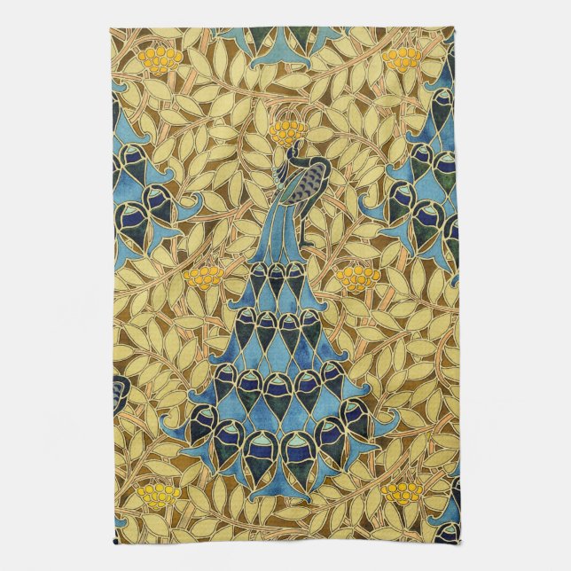 Peacocks Birds Rowan Trees Art Nouveau Kitchen Towel (Vertical)
