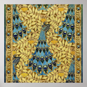 Peacocks Birds Rowan Trees Art Nouveau Poster