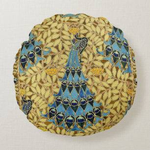 Peacocks Birds Rowan Trees Art Nouveau Round Pillow