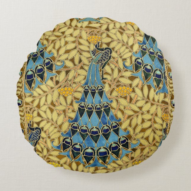 Peacocks Birds Rowan Trees Art Nouveau Round Pillow (Front)