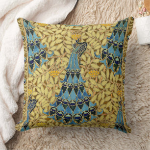 Peacocks Birds Rowan Trees Art Nouveau Throw Pillow