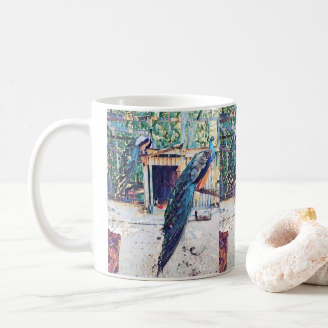 Peacocks by Harlem Mama Coffee Mug (With Donut)