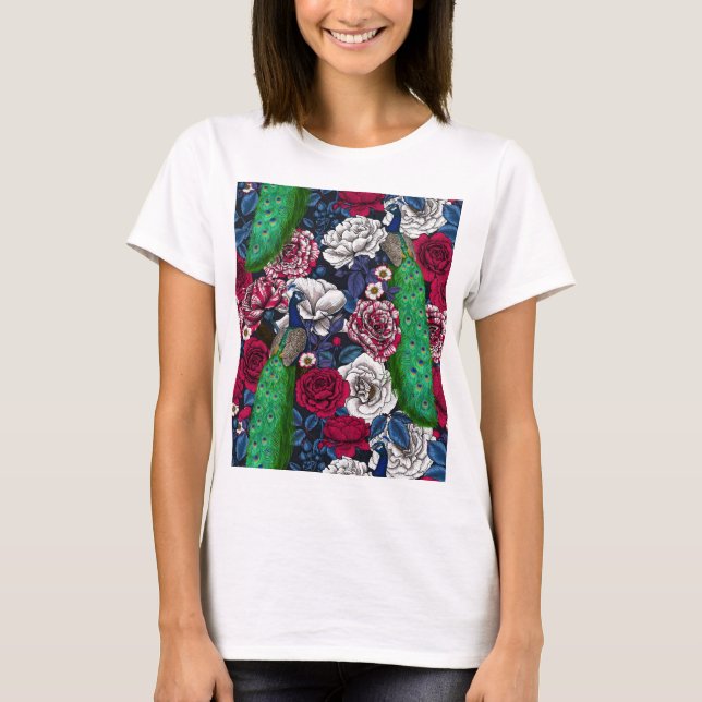 Peacocks dans le jardin rose T-Shirt (Devant)