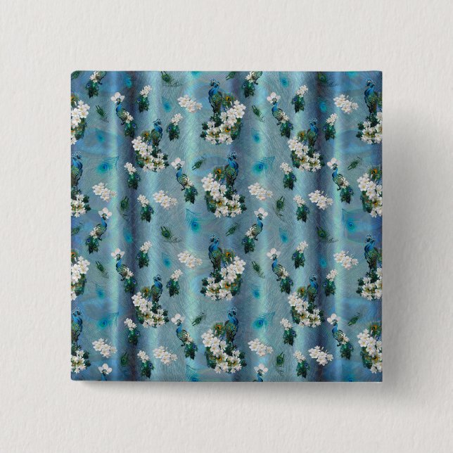 Peacocks & Emerald Green Metallic Silk 2 Inch Square Button (Front)