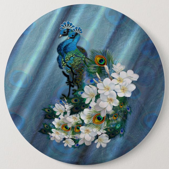 Peacocks & Emerald Green Metallic Silk 6 Inch Round Button (Front)