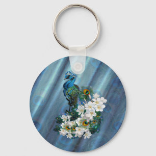 Peacocks & Emerald Green Metallic Silk Keychain