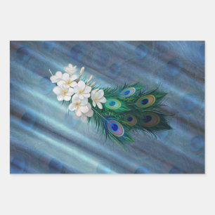 Peacocks & Emerald Green Metallic Silk  Wrapping Paper Sheet