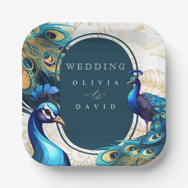 Peacocks Feathers Wedding Paper Plate (Front)