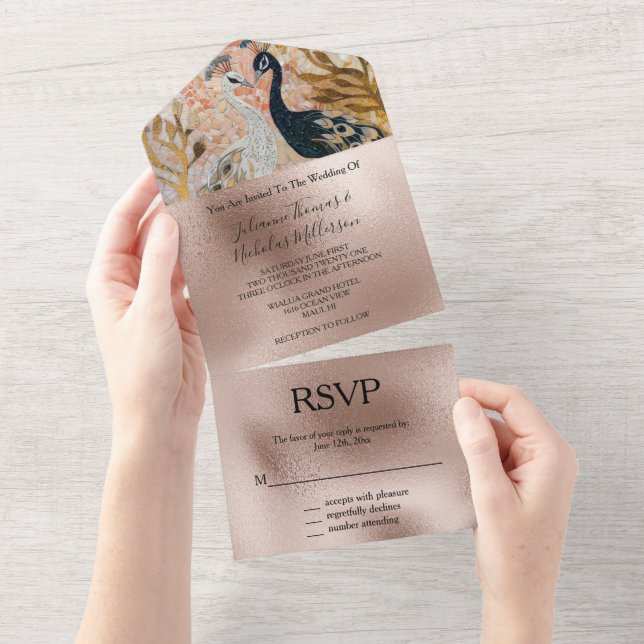 Peacocks Gold Blush Rose Wedding All In One Invitation (Tearaway)