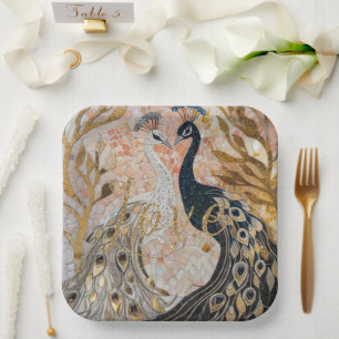 Peacocks Gold Glitter Love Blush Rose Paper Plate