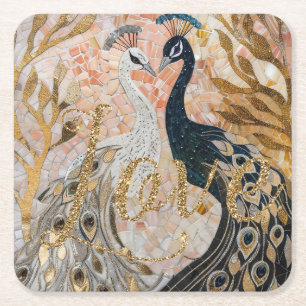 Peacocks Gold Glitter Love Blush Rose Square Paper Coaster