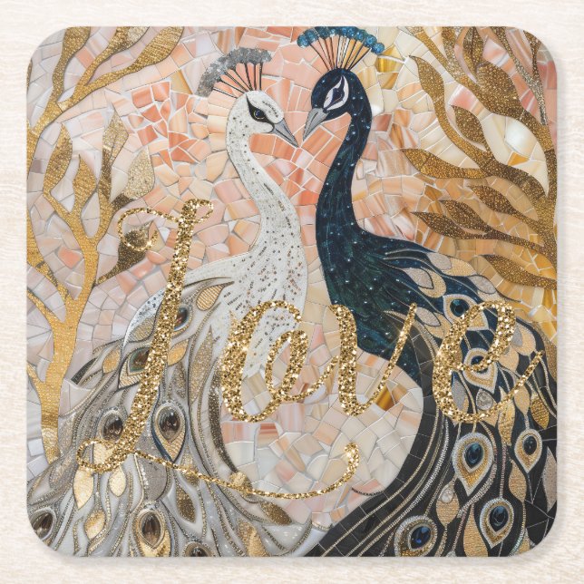 Peacocks Gold Glitter Love Blush Rose  Square Paper Coaster (Front)