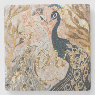 Peacocks Gold Glitter Love Blush Rose Stone Coaster