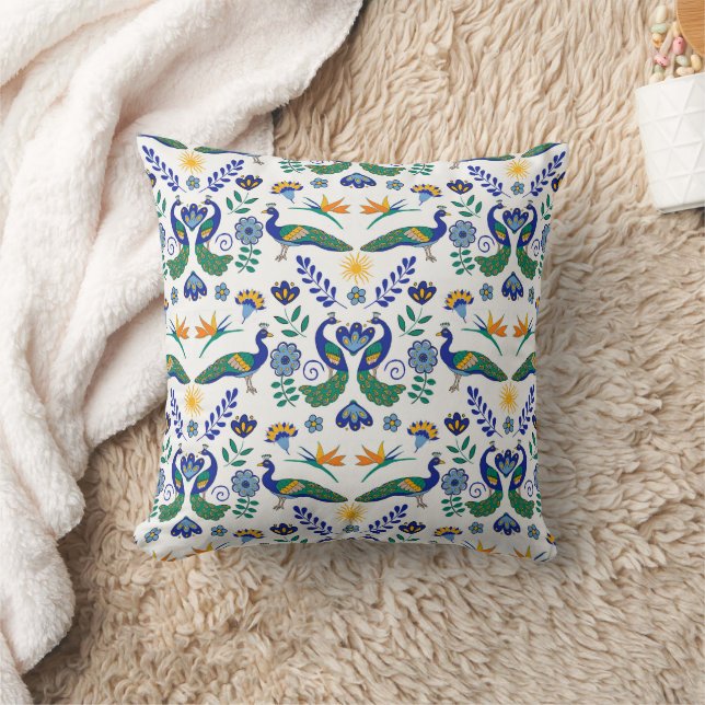 Peacocks hand painted in folk style on white throw pillow (Blanket)
