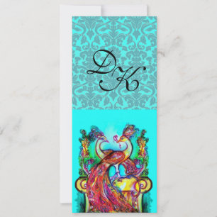 PEACOCKS IN LOVE AQUA BLUE TEAL DAMASK MONOGRAM INVITATION