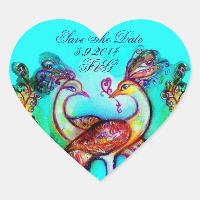 PEACOCKS IN LOVE HEART MONOGRAM Save the Date Heart Sticker (Front)