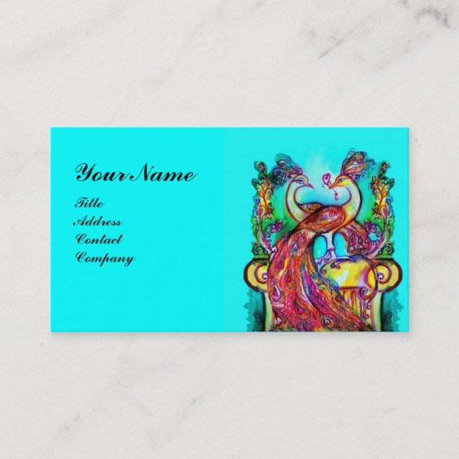 PEACOCKS IN LOVE MONOGRAM,red blue turquase Business Card (Front)