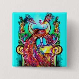 PEACOCKS IN LOVE  MONOGRAM red blue turquase green 2 Inch Square Button