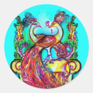 PEACOCKS IN LOVE  MONOGRAM red blue turquase green Classic Round Sticker