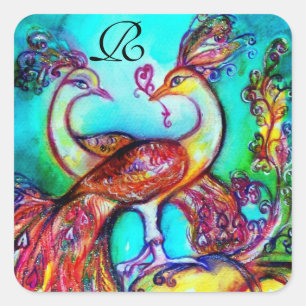 PEACOCKS IN LOVE  MONOGRAM red blue turquase green Square Sticker