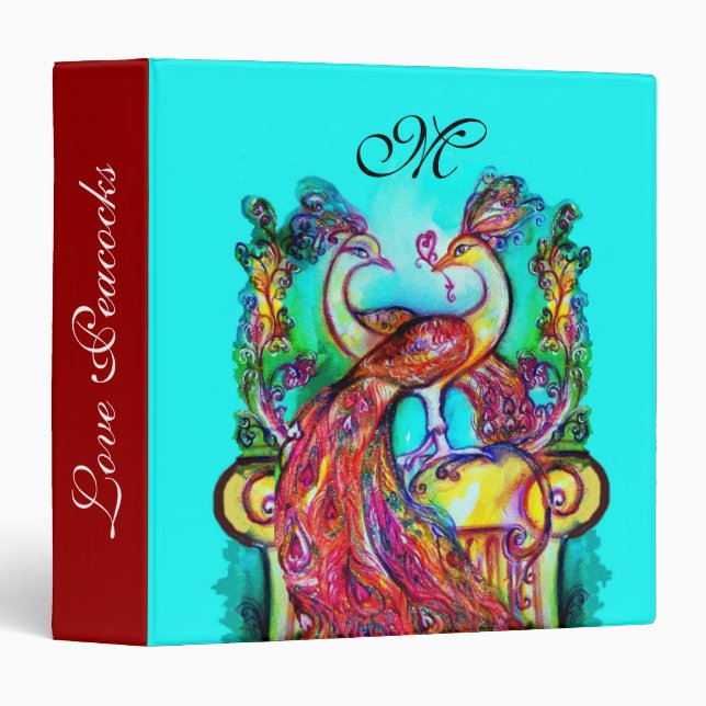 PEACOCKS IN LOVE MONOGRAM,red blue turquase purple Binder (Front/Spine)
