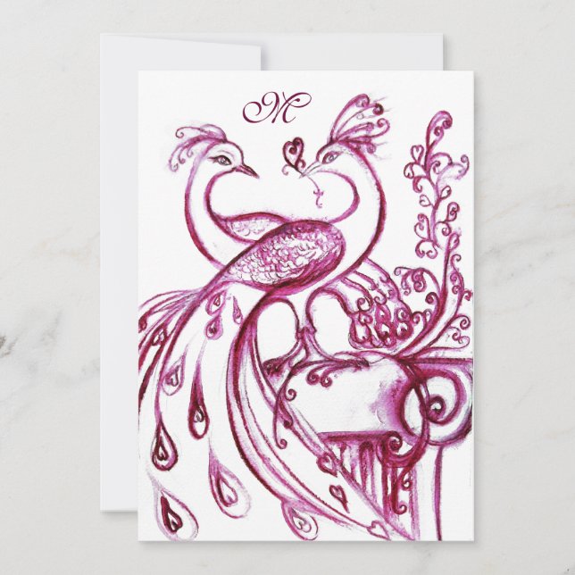 PEACOCKS IN LOVE MONOGRAM red burgundy pink white Announcement (Front)
