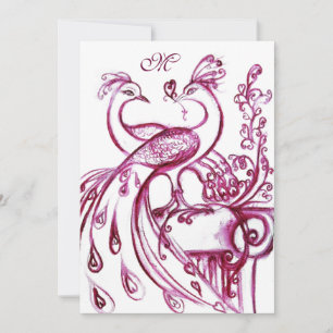 PEACOCKS IN LOVE MONOGRAM red burgundy pink white Announcement