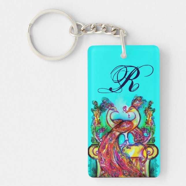 PEACOCKS IN LOVE MONOGRAM red teal blue green Keychain (Front)