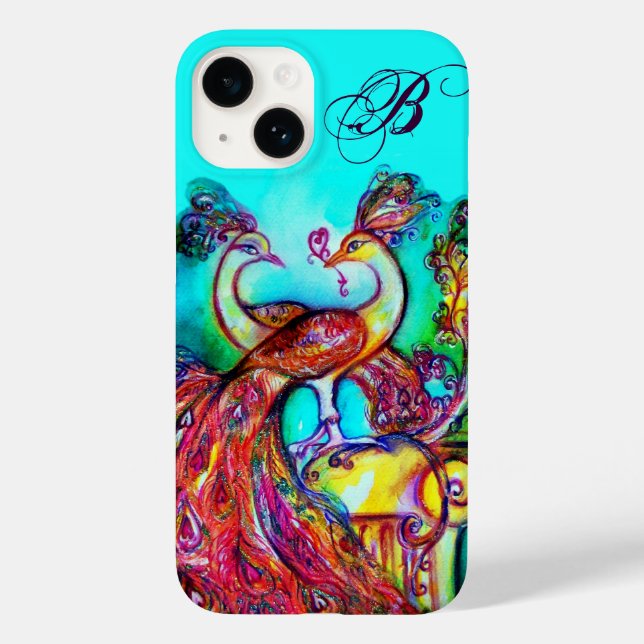 PEACOCKS IN LOVE MONOGRAM Turquoise Blue Case-Mate iPhone Case (Back)