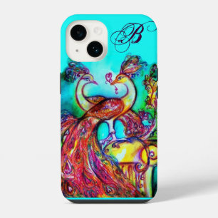 PEACOCKS IN LOVE MONOGRAM Turquoise Blue iPhone 14 Case