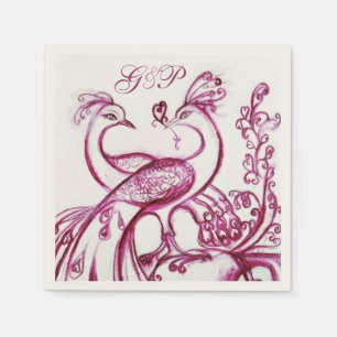 PEACOCKS IN LOVE Purple White Wedding Monogram Napkin