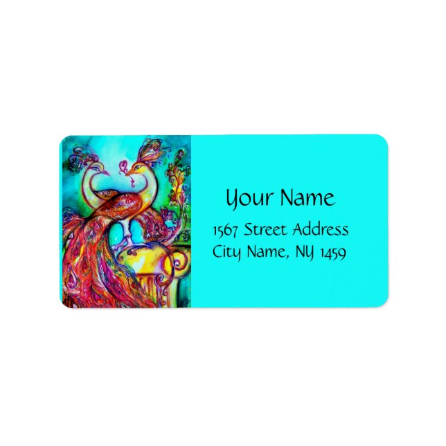 PEACOCKS IN LOVE ,red blue turquase green Label (Front)