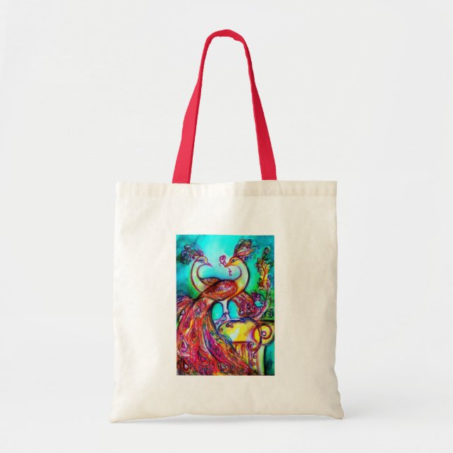 PEACOCKS IN LOVE  red blue turquase green Tote Bag (Front)