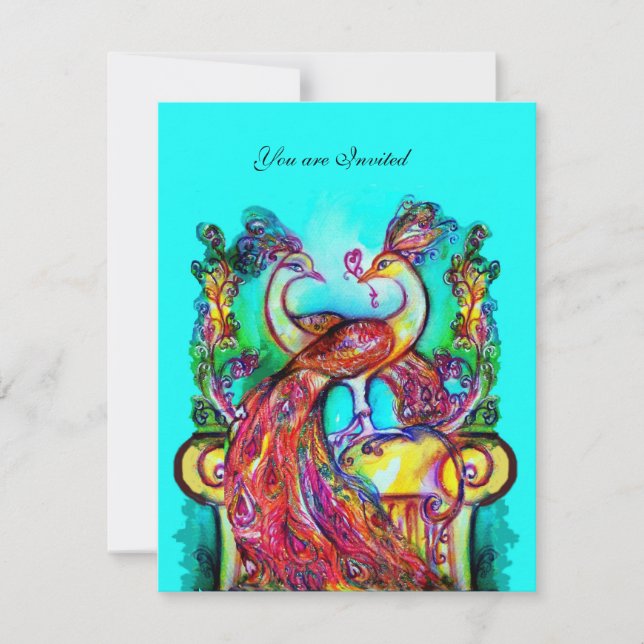 PEACOCKS IN LOVE red blue turquoise green Invitation (Front)