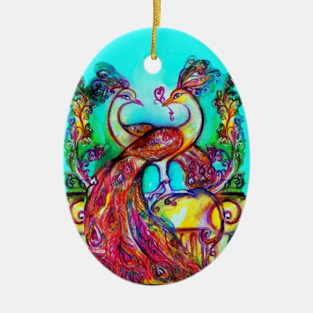 PEACOCKS IN LOVE /RED RUBY GEMSTONE,Blue turquoise Ceramic Ornament (Front)