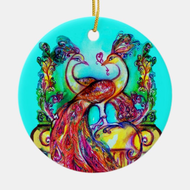 PEACOCKS IN LOVE /RED RUBY GEMSTONE,Blue turquoise Ceramic Ornament (Front)