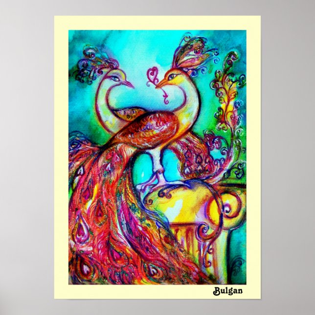 PEACOCKS IN LOVE, Red Yellow Turquase Blue Poster (Front)