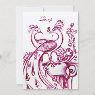 PEACOCKS IN LOVE RSVP, red burgundy white Invitation