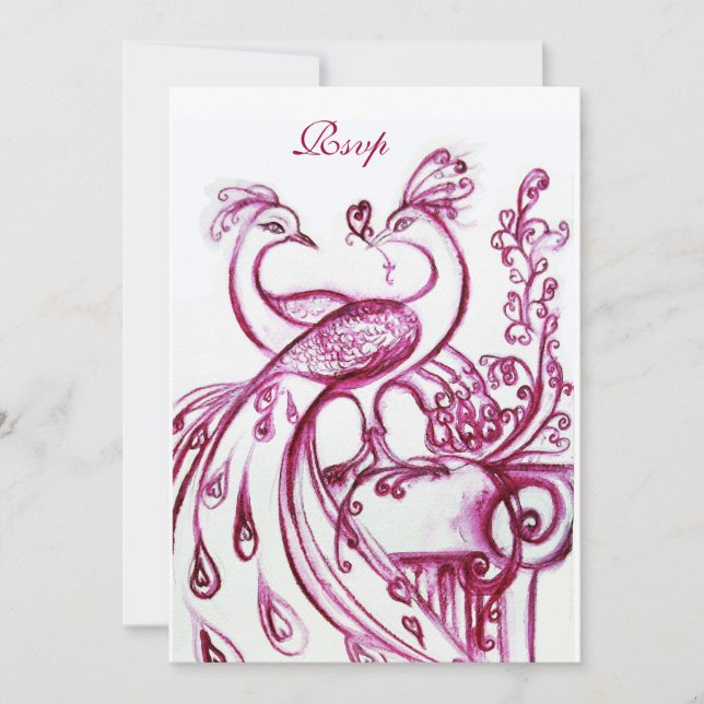 PEACOCKS IN LOVE RSVP, red burgundy white Invitation (Front)