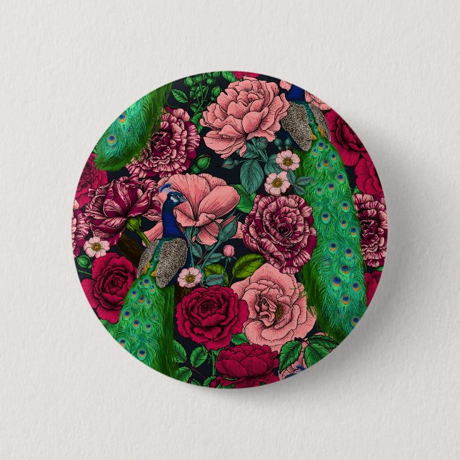 Peacocks in the rose garden 2 inch round button (Front)